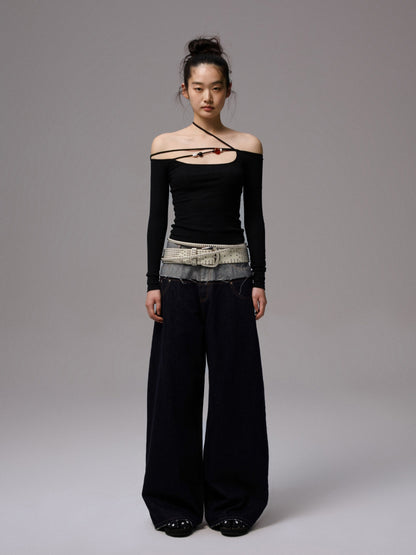 Double Waistband Raw Denim Wide-Leg Jeans - CHINASQUAD