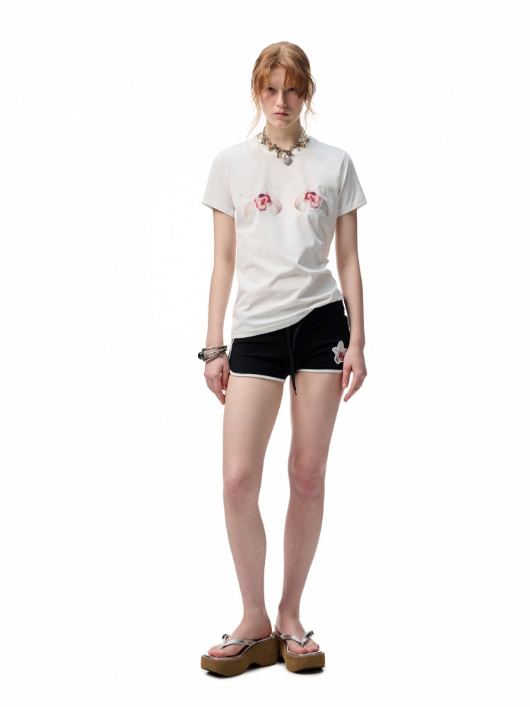 Flower Embroidered Rhinestone Sports Shorts