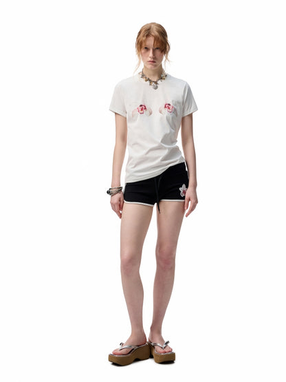Flower Embroidered Rhinestone Sports Shorts