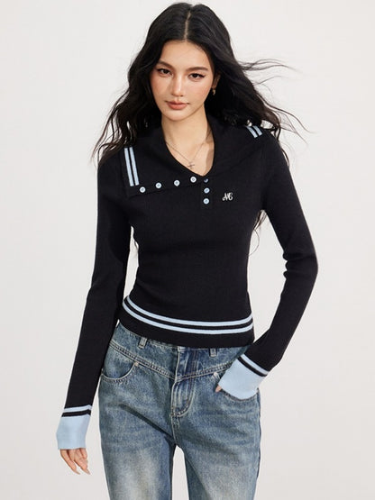 Sailor Collar Colorblock Knit V-neck