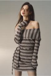 (Final Sale) Grey & Khaki Striped Knit Sweater Dress - CHINASQUAD