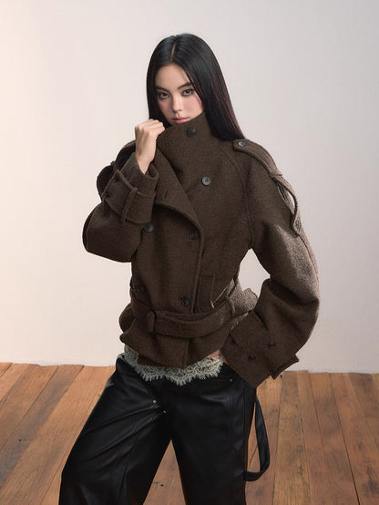 Contrast Double-Breasted Wool-Blend Belted Jacket