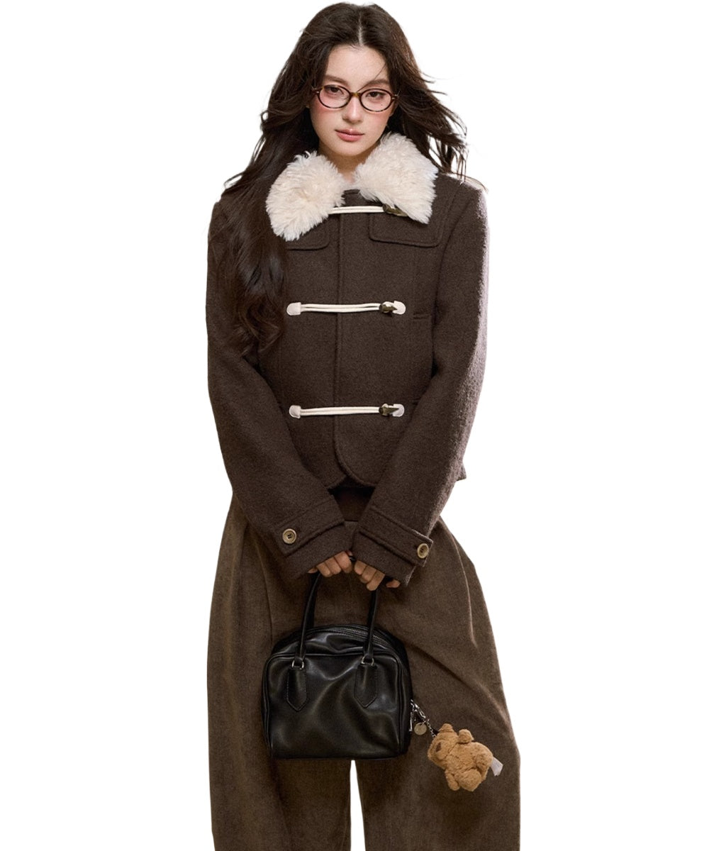 Brown Wool-Blend Toggle Cropped Jacket