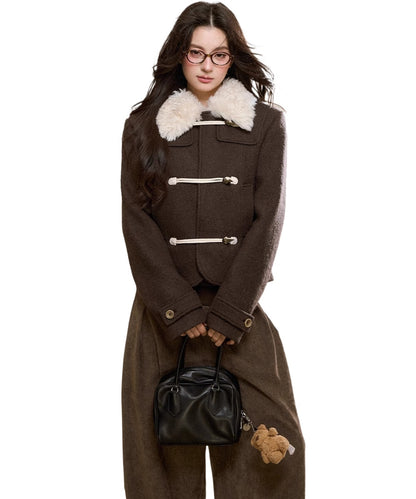 Brown Wool-Blend Toggle Cropped Jacket