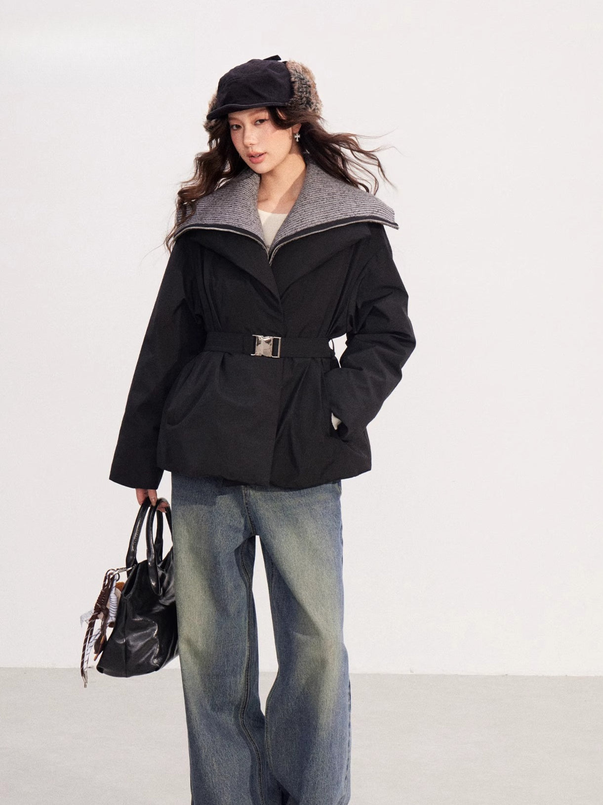Belted Contrast-Knit Collar Down Coat