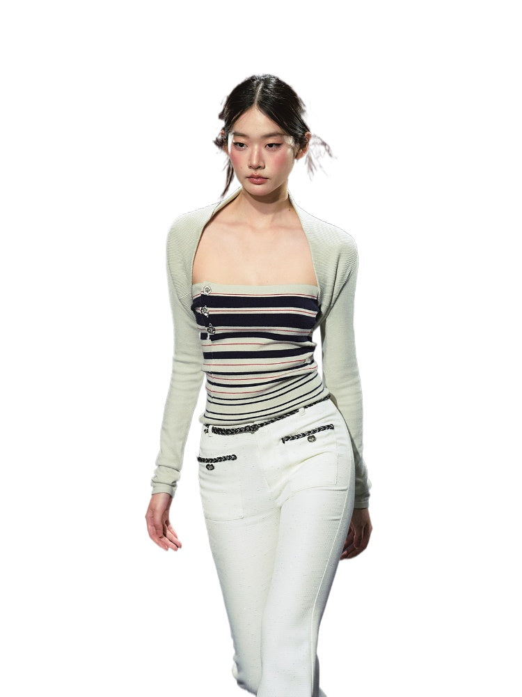 Striped Contrast Hand-Sewn Button Tube Top &amp; Shrug Set - CHINASQUAD