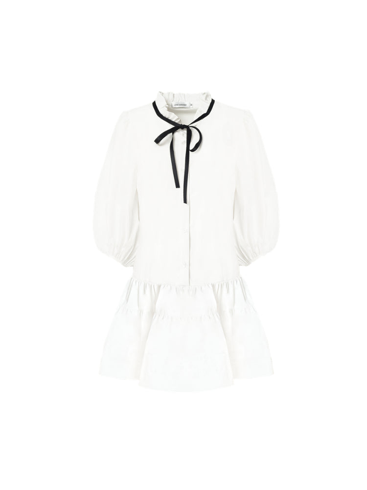 White Bowknot Tied Pleated Shirt Dress