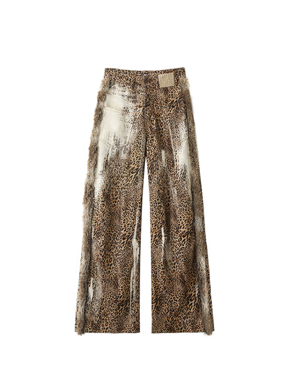 Patchwork Rabbit Fur Leopard Wide-Leg Pants