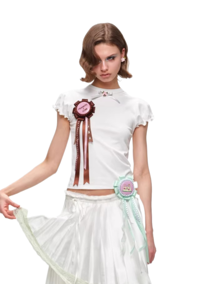 Rose Bow Puff Sleeve Fitted Essential T-Shirt