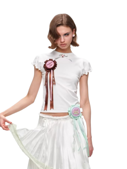 Rose Bow Puff Sleeve Fitted Essential T-Shirt