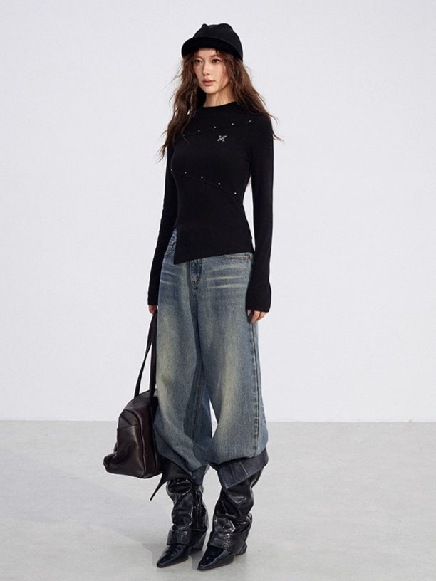 Slit Long-Sleeve Statement Base T-Shirt