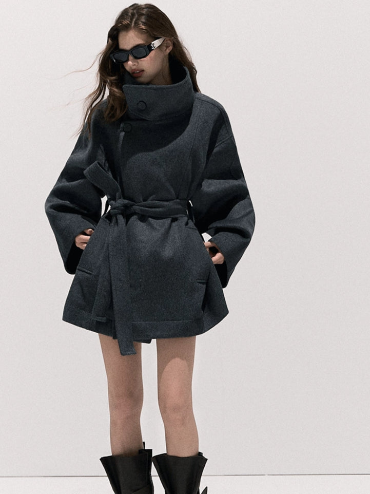 Stand-Collar Pure Wool Tailored Coat