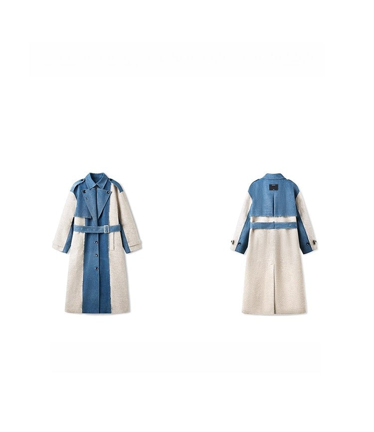 “Caracal Series” Washed Twill Patchwork Wool Denim Trench Coat