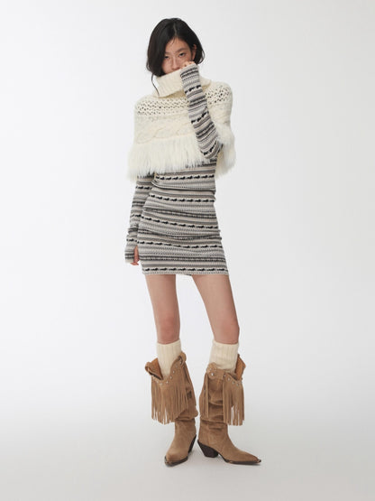 Cable Knit Fringed High-Neck Wool Blend Poncho