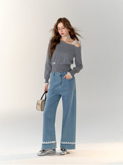 Lace Band Straight-leg Denim Jeans