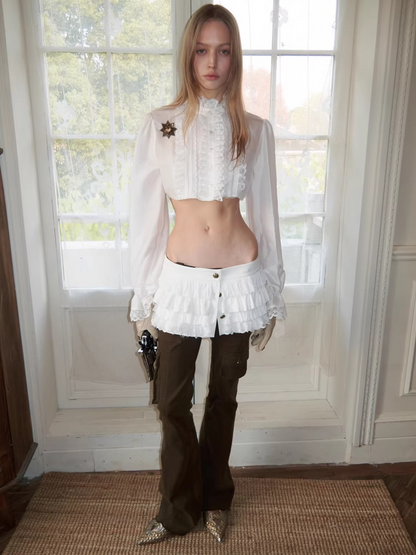 Lace Trim Puff Sleeve Cropped Shirt