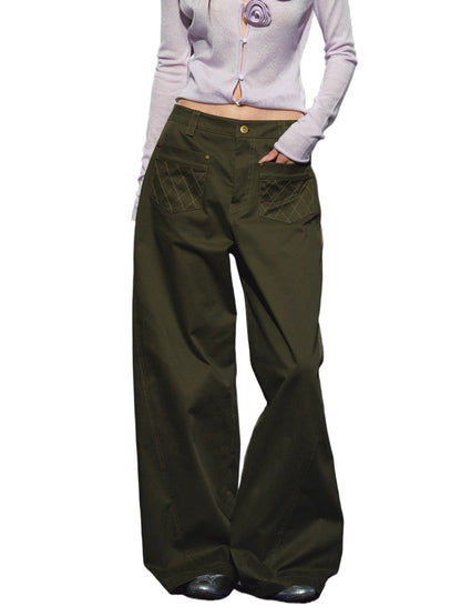 Pocket Diamond Stitching Straight-Leg Pants - CHINASQUAD