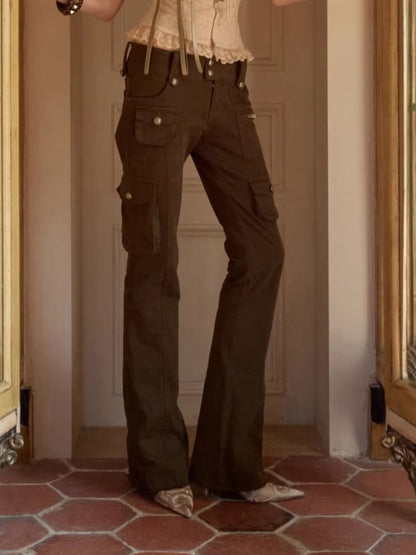 Washed Utility Low-Rise Flared Pants