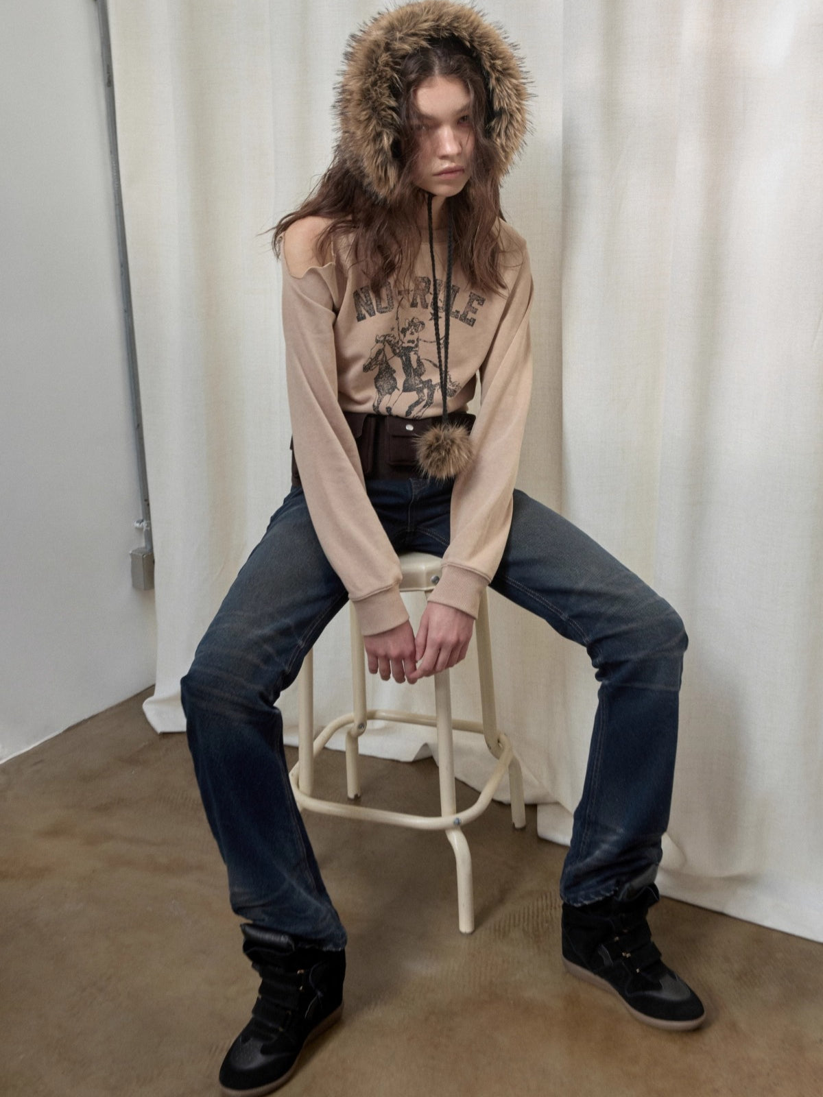 Vintage Pleated Washed Slim Curved Denim Pants
