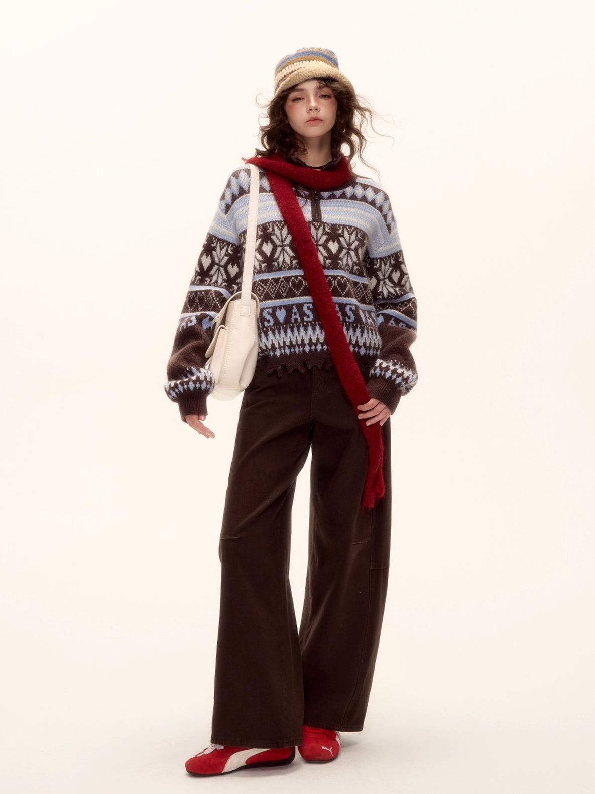 Red Belt Decor Curved-Hem Denim Wide-Leg Jeans