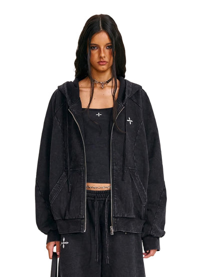 Washed Wide-Fit Zip-up Hoodie