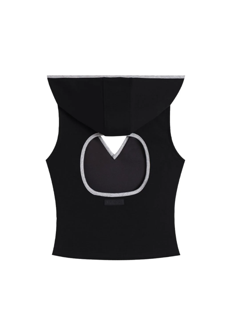 V-Cutout Hooded Sleeveless Trim Top In Black