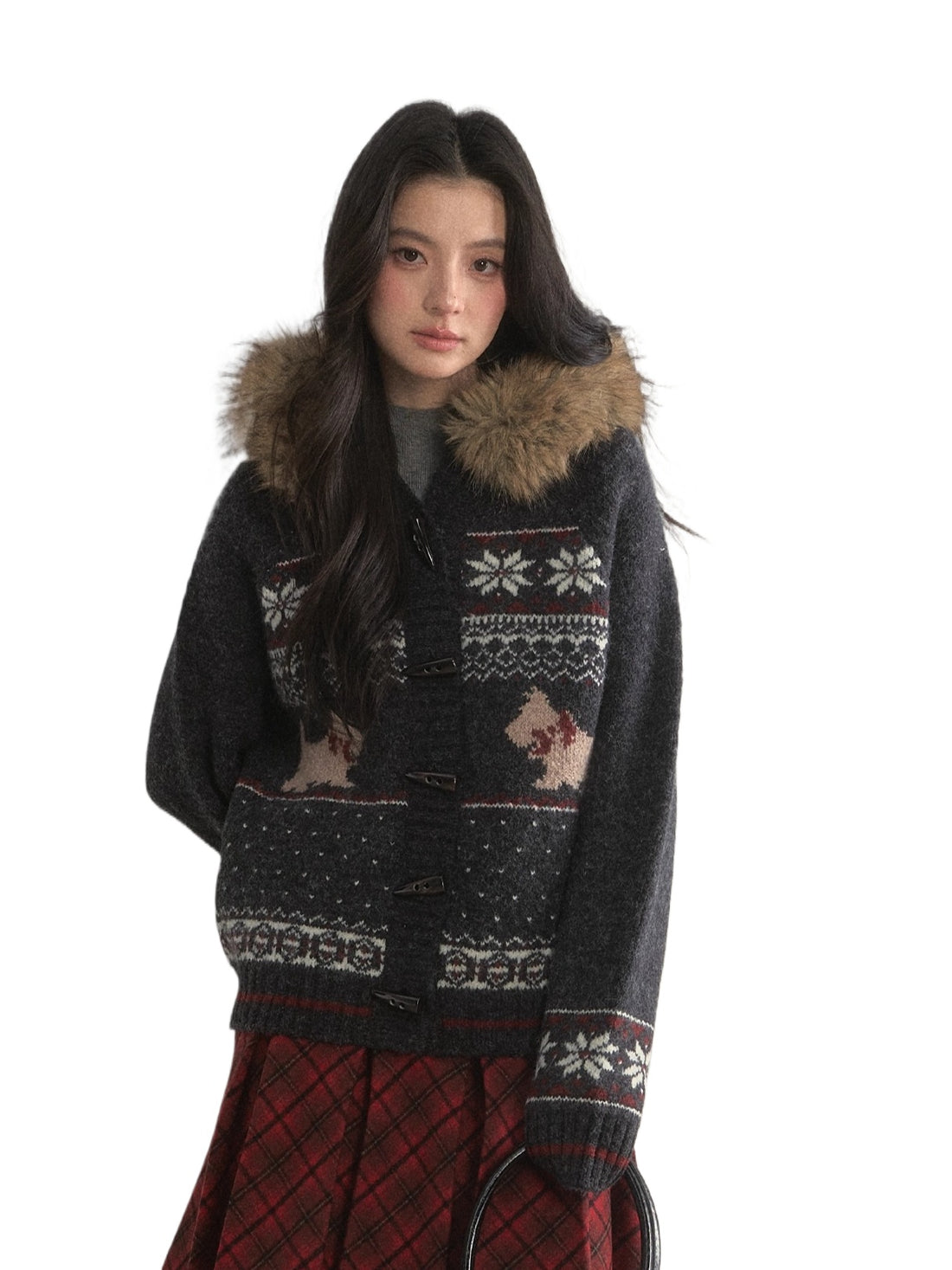 Charcoal Fair Isle Puppy Faux Fur Collar Knit Jacket