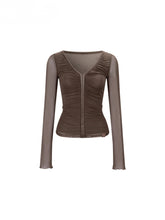 V-Neck Ruffled Mesh Slim Long-Sleeve Blouse - CHINASQUAD
