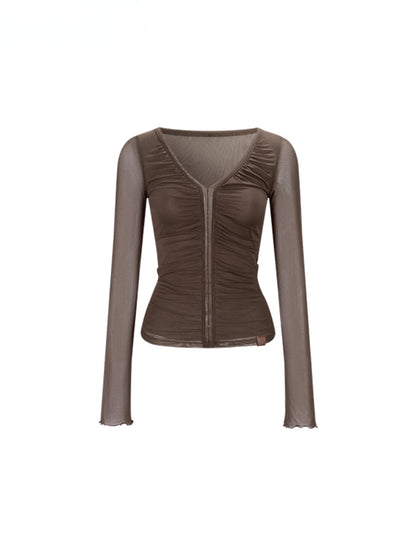V-Neck Ruffled Mesh Slim Long-Sleeve Blouse - CHINASQUAD