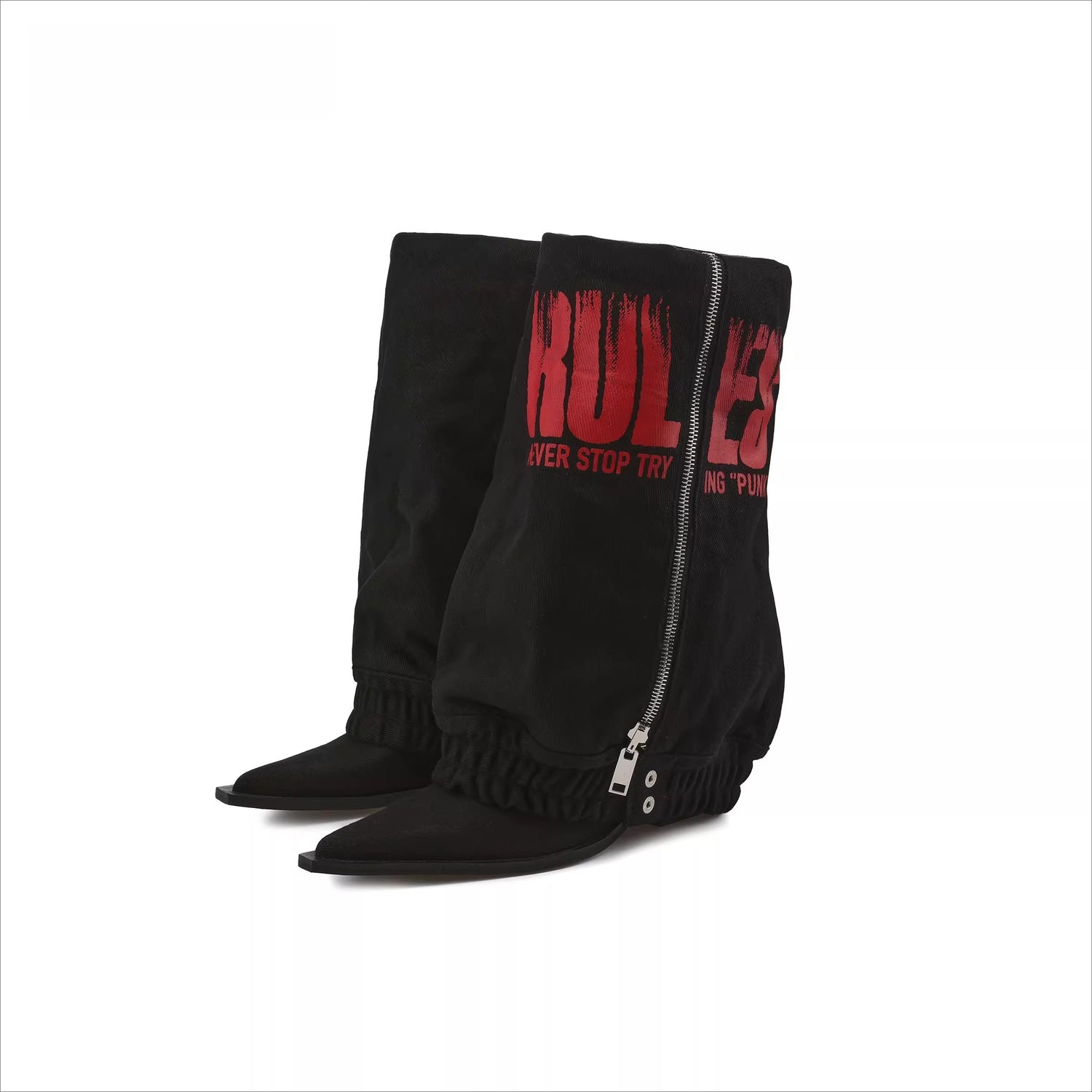 Slimming Slouchy Printed Denim Heeled Boots