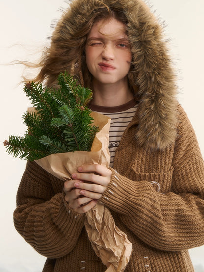 Embroidered Knit Zip-Up Hoodie Cardigan