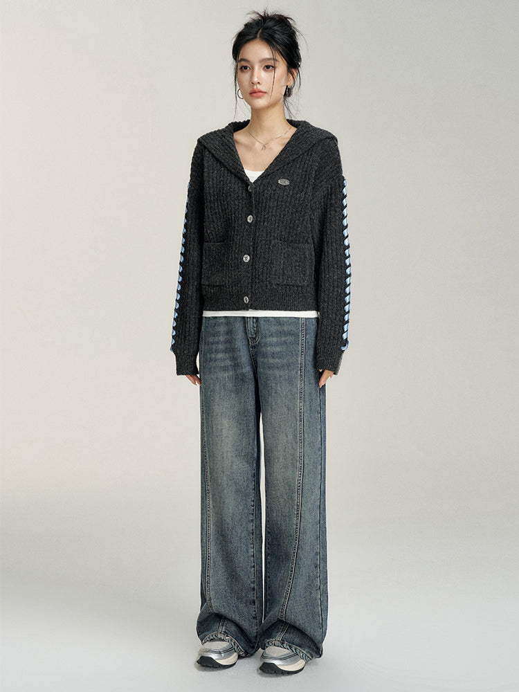 Heart-Patterned Fleece-Lined Wide-Leg Denim Pants