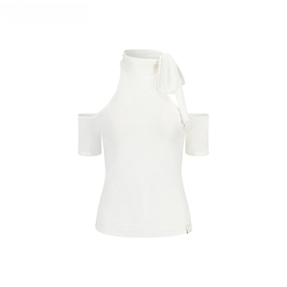Off-Shoulder Patchwork Knit Cropped T-Shirt