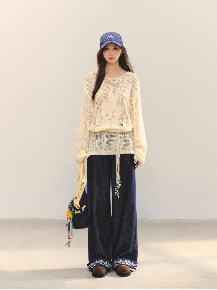 Floral Jacquard Knitted Hollow Crewnecks