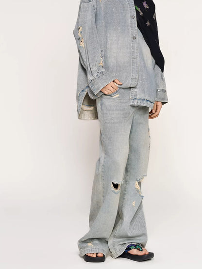 Silver-Foil Double-Waist Denim Pants