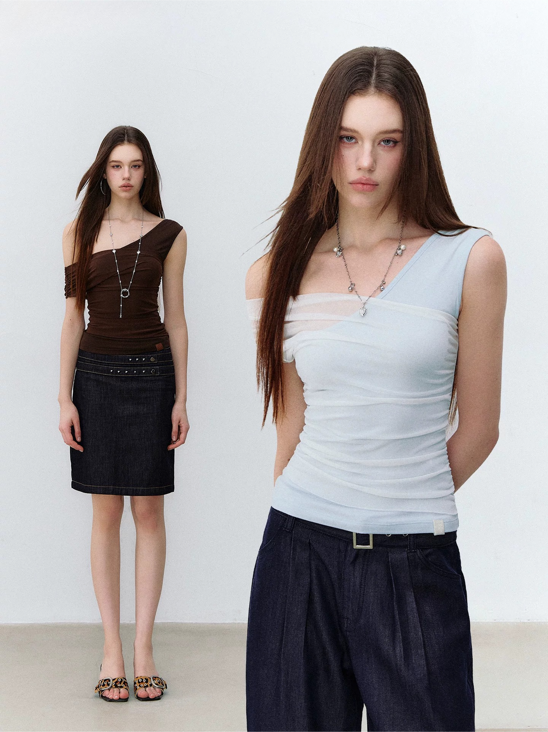 Asymmetric Mesh Panel Layered Slim-Fit Top