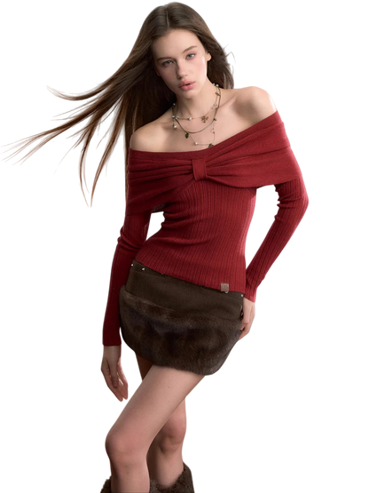 Off-Shoulder Bow Detail Knit Crewneck