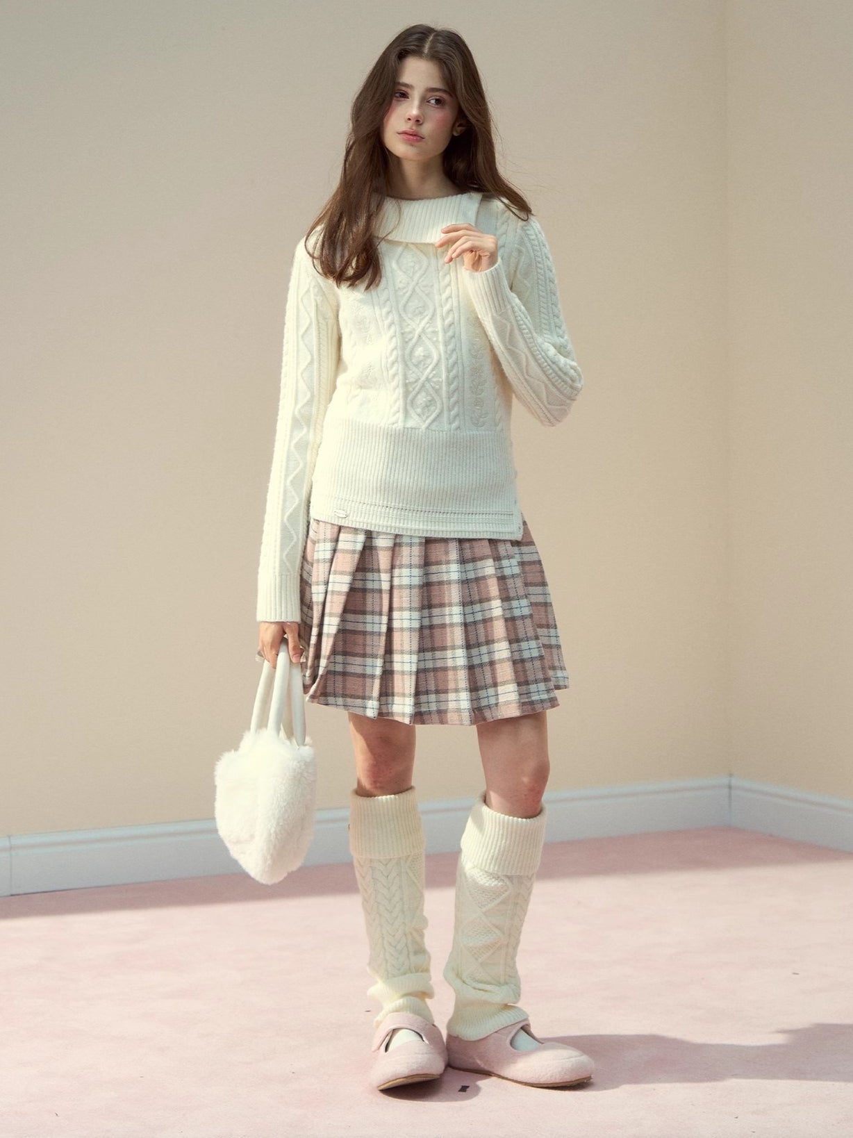 Blush Plaid Wool A-Line Pleated Skirt
