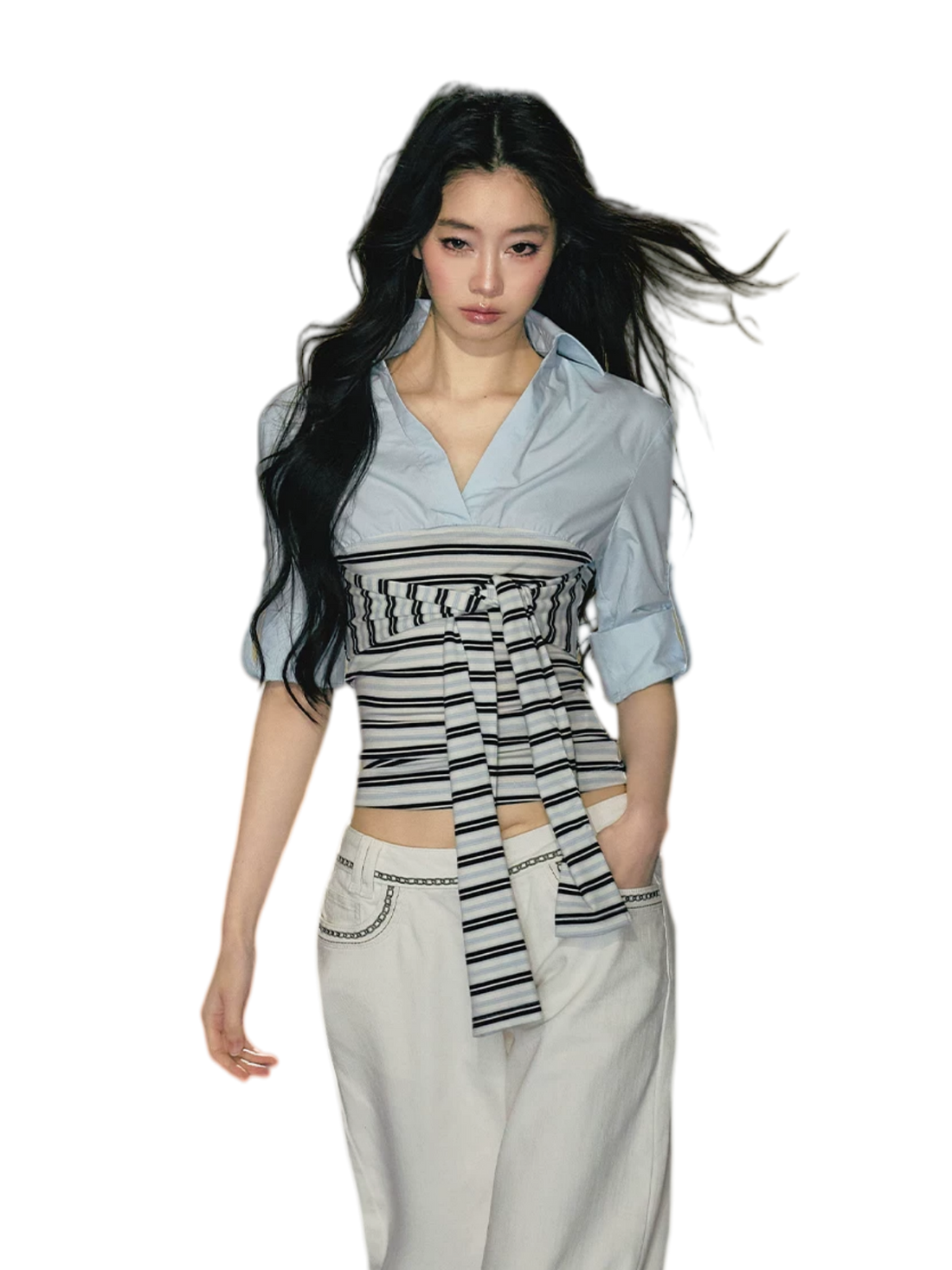 Layered Contrast Tie-Waist Shirt Top