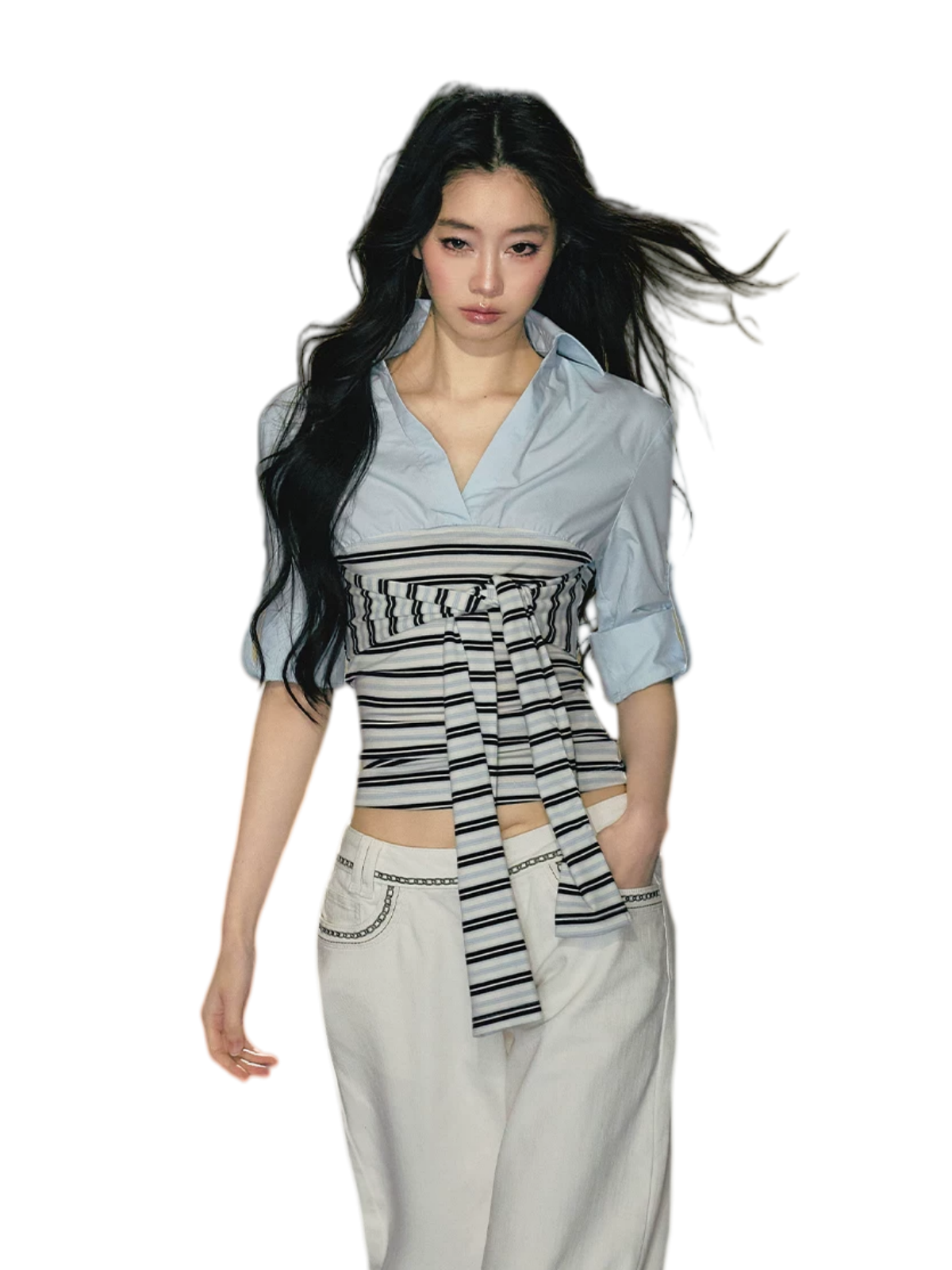 Layered Contrast Tie-Waist Shirt Top