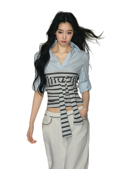 Layered Contrast Tie-Waist Shirt Top