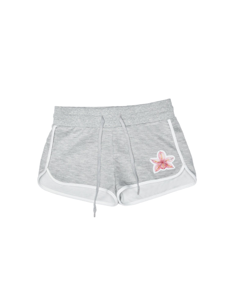 Flower Embroidered Rhinestone Sports Shorts