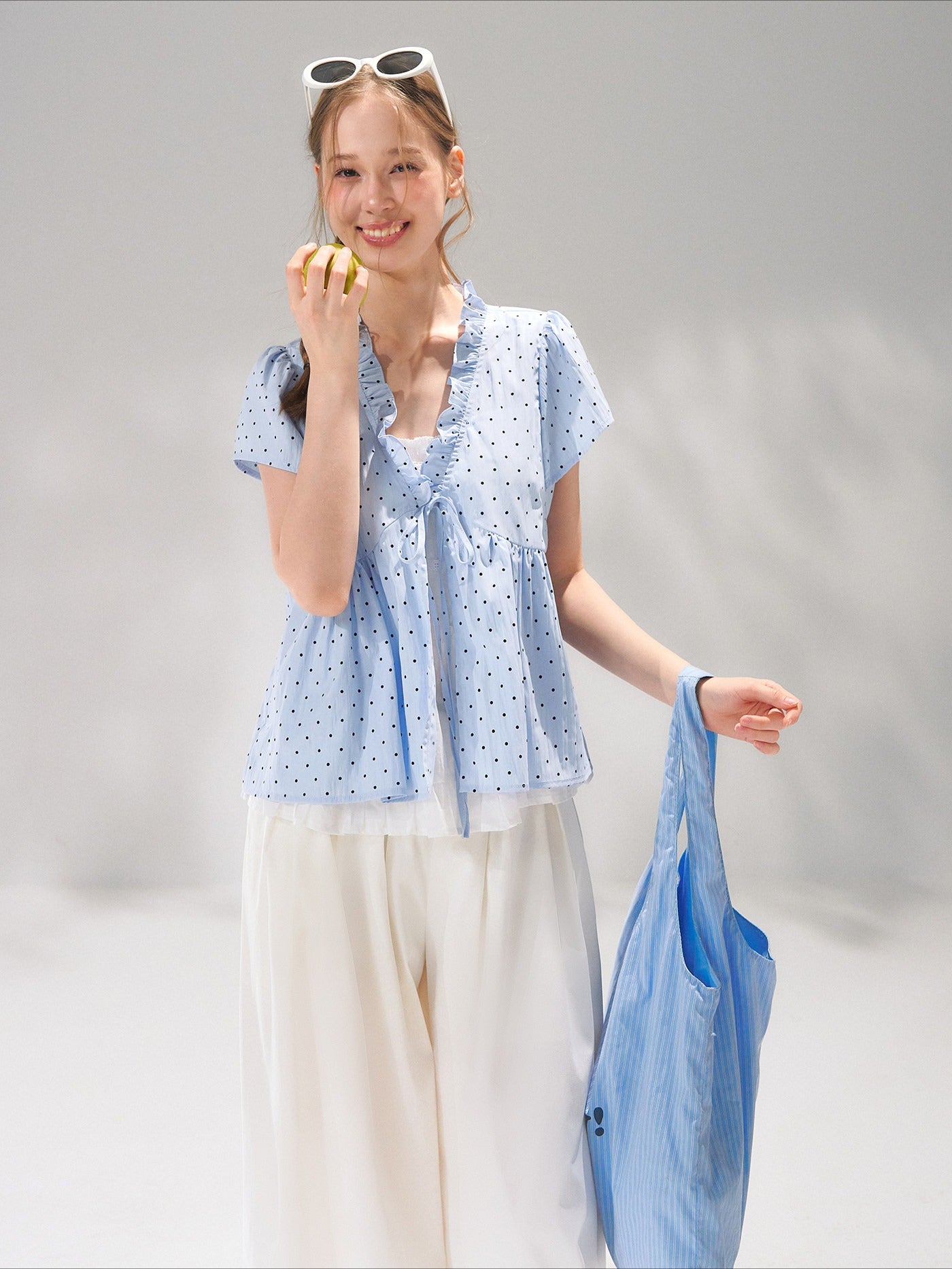 Ruffled Trim Polka Dot Layered Blouse