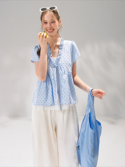 Ruffled Trim Polka Dot Layered Blouse