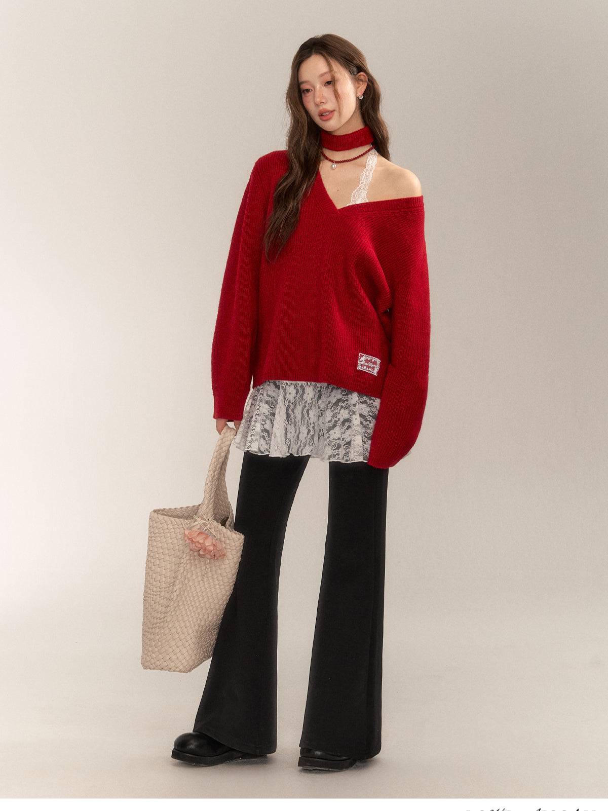 Halter V-Neck Loose Knit Sweater