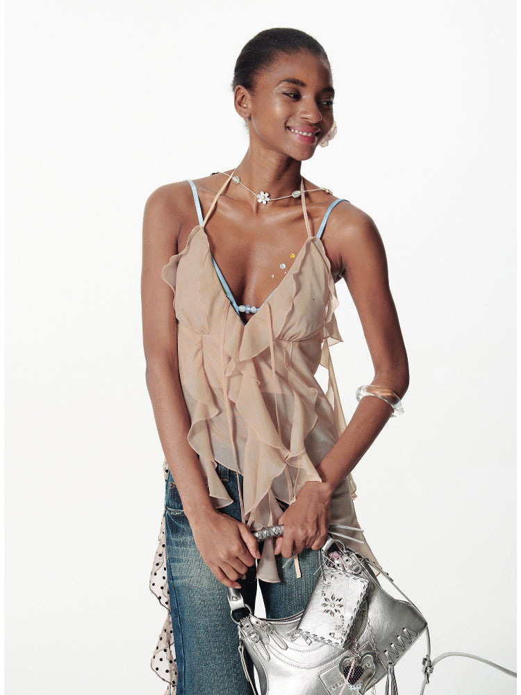 2TH DESIRE V-Neck Irregular Ruffled Cami – Pink