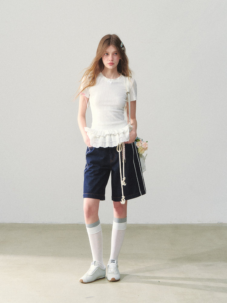 White Lace-hem Short-sleeve T-shirt