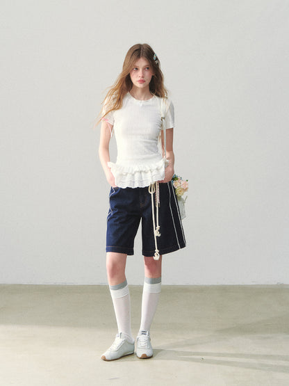 White Lace-hem Short-sleeve T-shirt