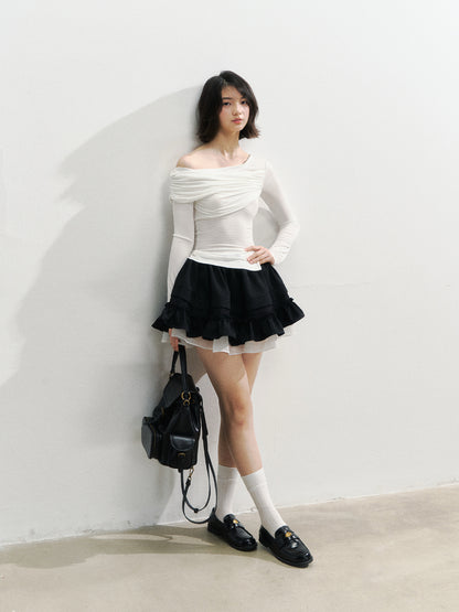 Asymmetric Shoulder Voluminous Ruched T-Shirt - CHINASQUAD