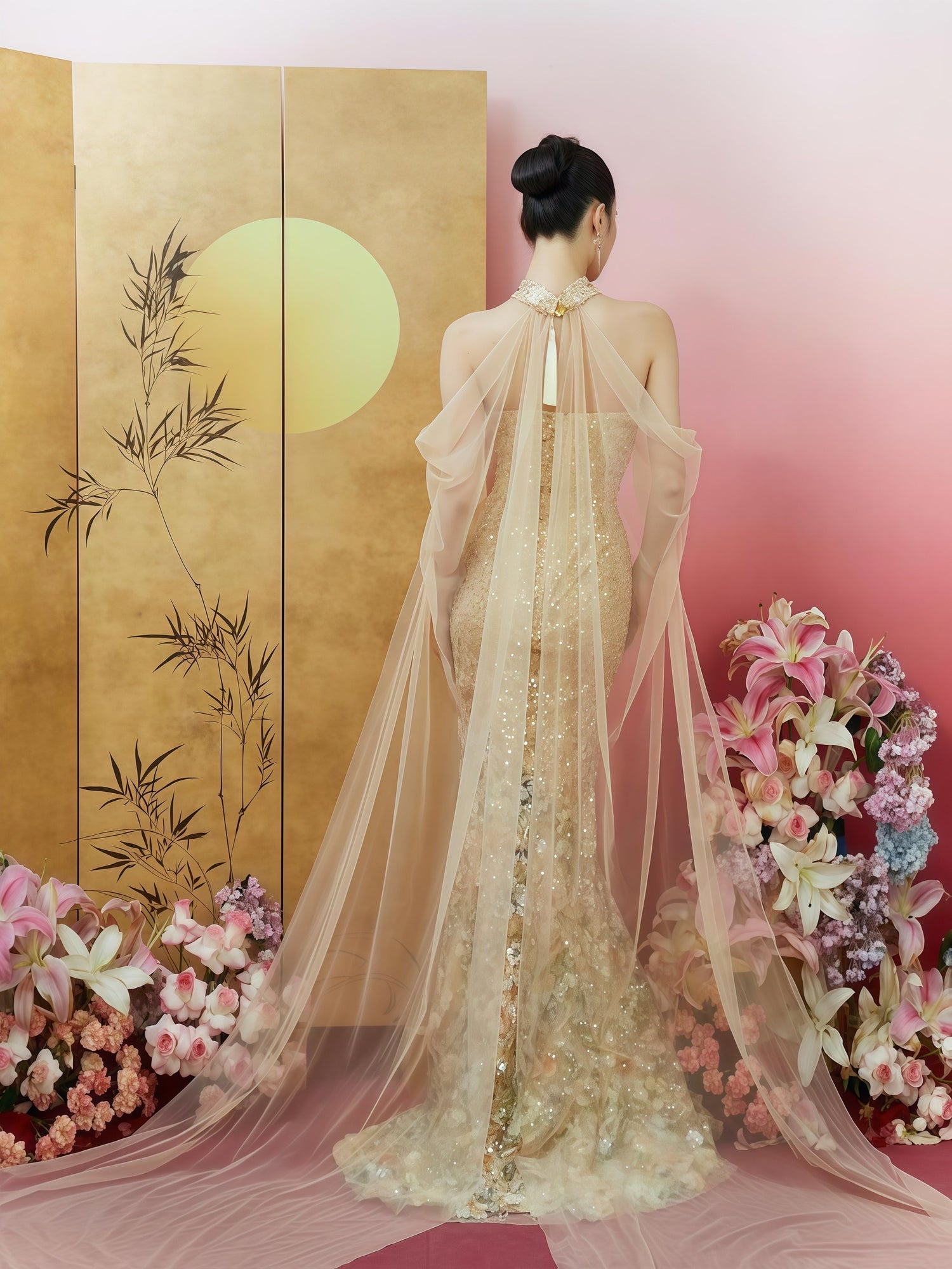 Champagne Lumière Sequin Embroidered Mermaid Gown with Sheer Cape